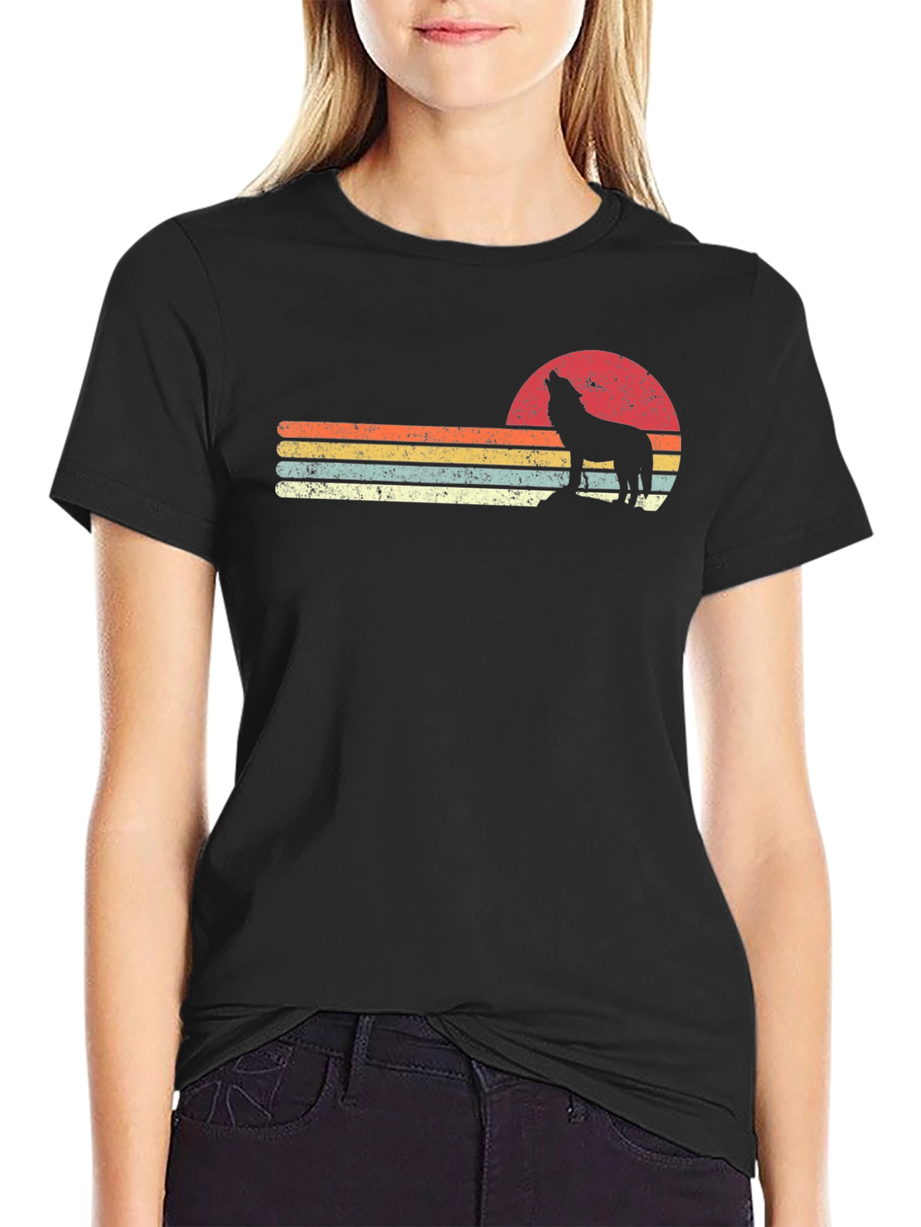 Retro Wolf Sunset Graphic T-Shirt