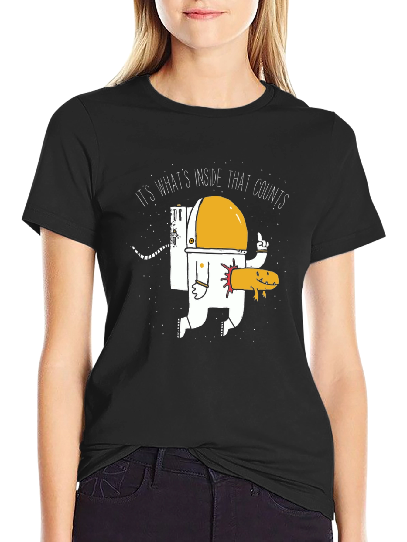 Funny Astronaut and Axolotl Graphic T-Shirt - Black