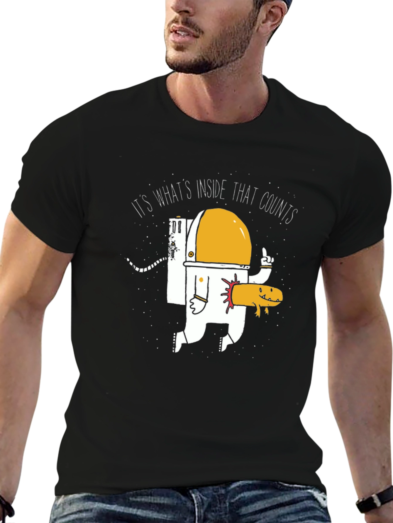 Funny Astronaut and Axolotl Graphic T-Shirt - Black