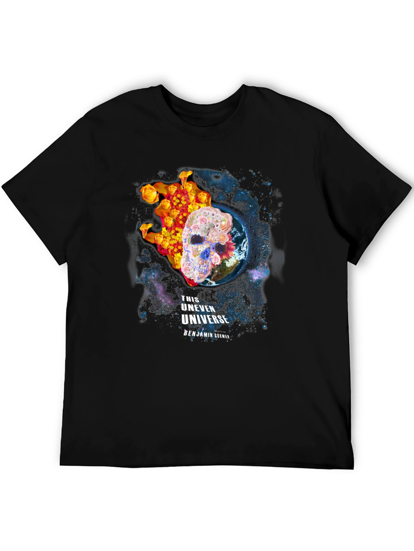 Floral Skull Universe Graphic T-Shirt - Black