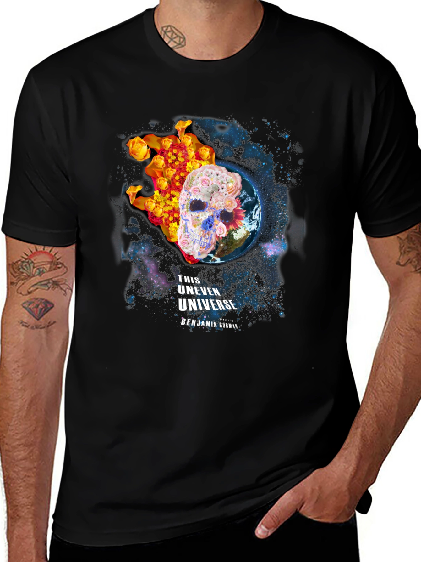 Floral Skull Universe Graphic T-Shirt - Black