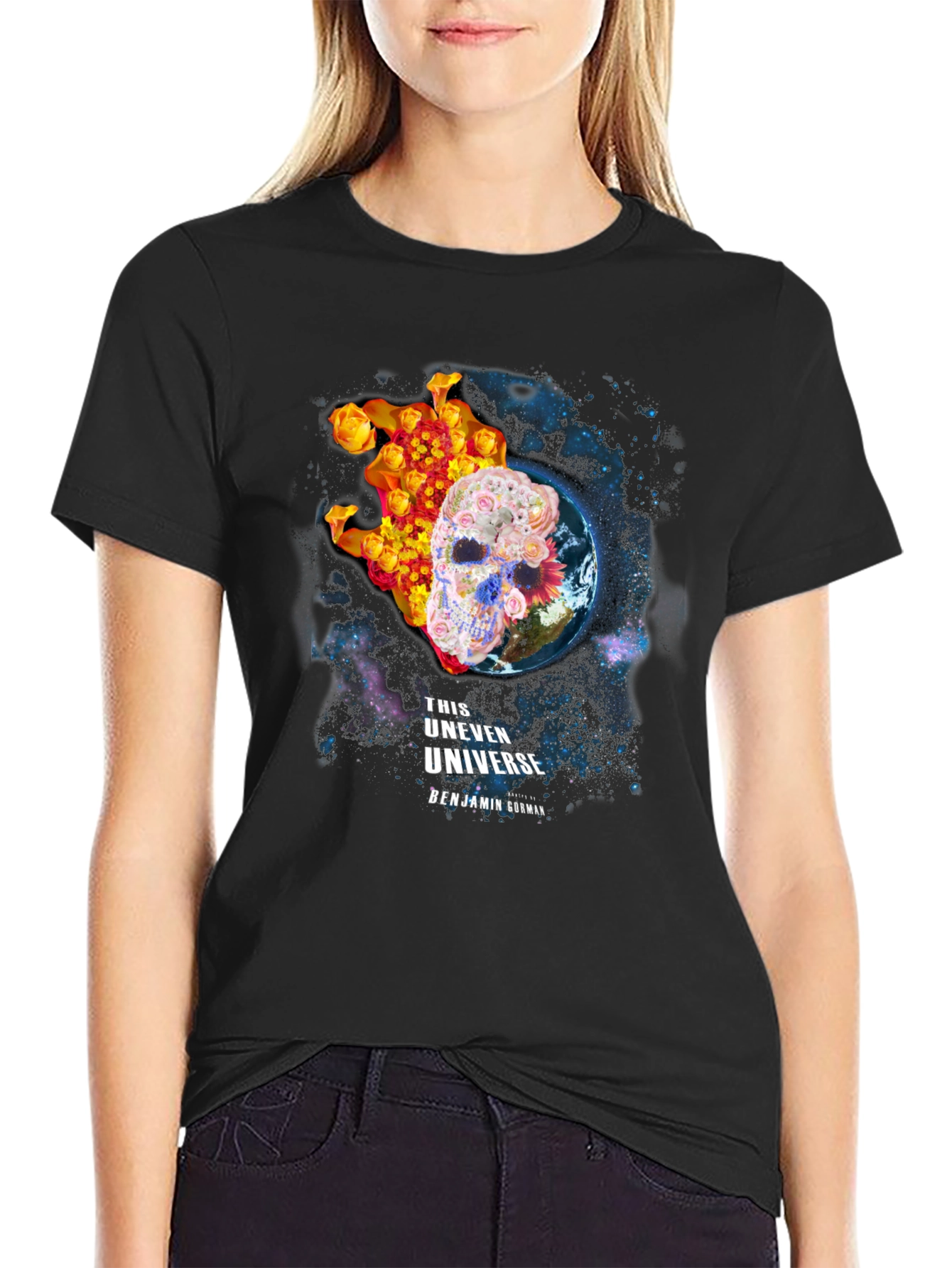 Floral Skull Universe Graphic T-Shirt - Black
