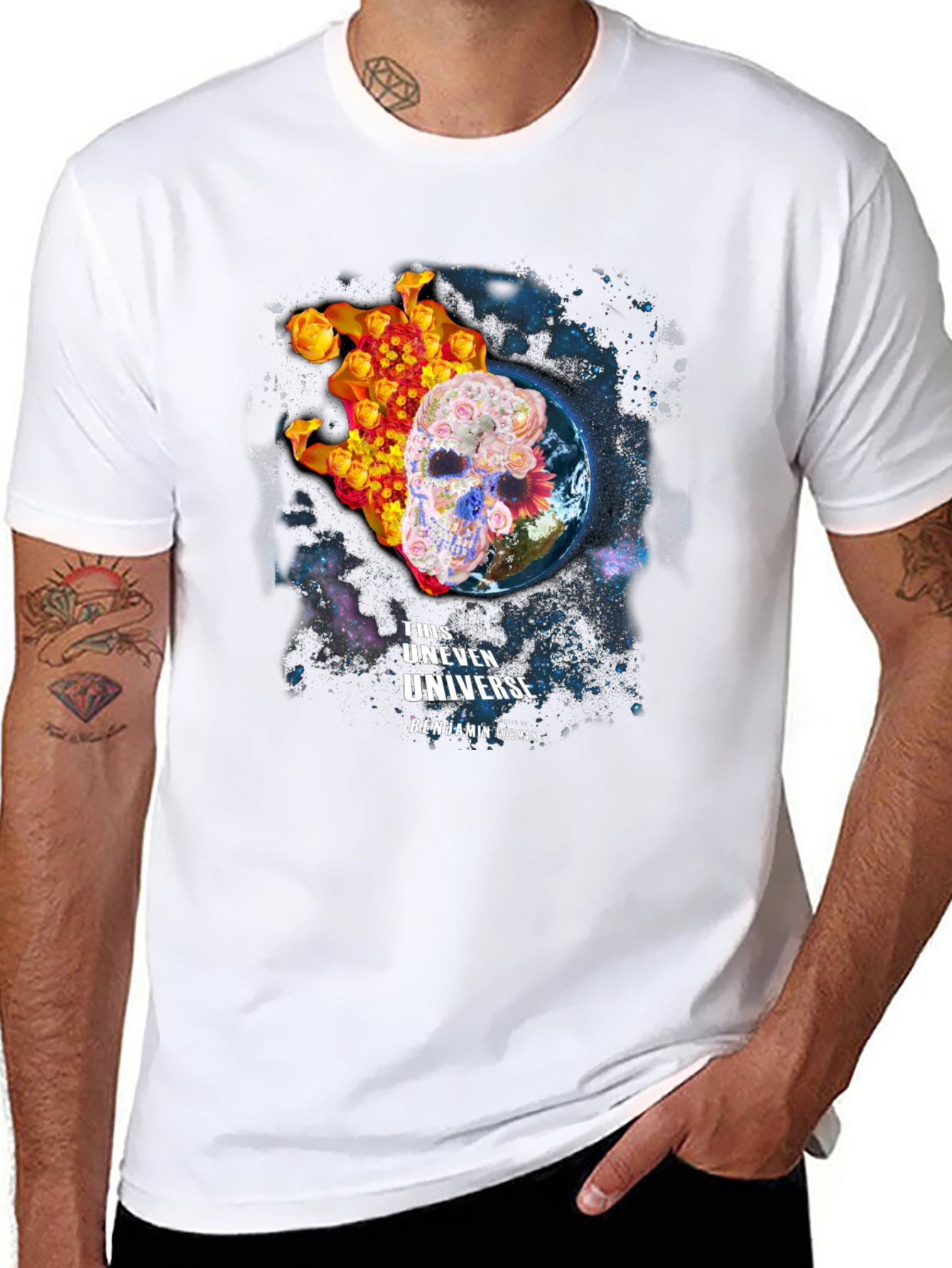Floral Skull Universe Graphic T-Shirt - Black