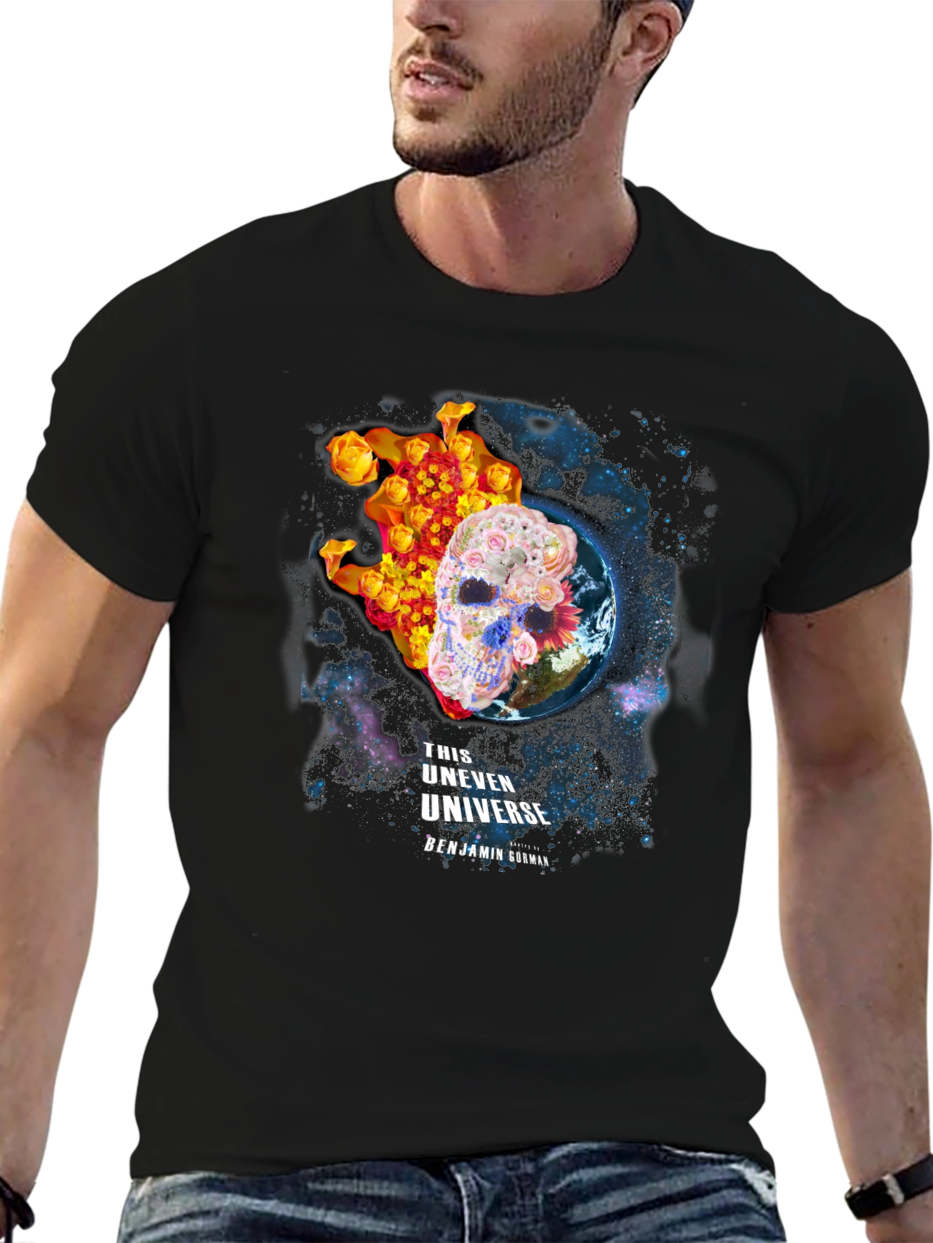 Floral Skull Universe Graphic T-Shirt - Black