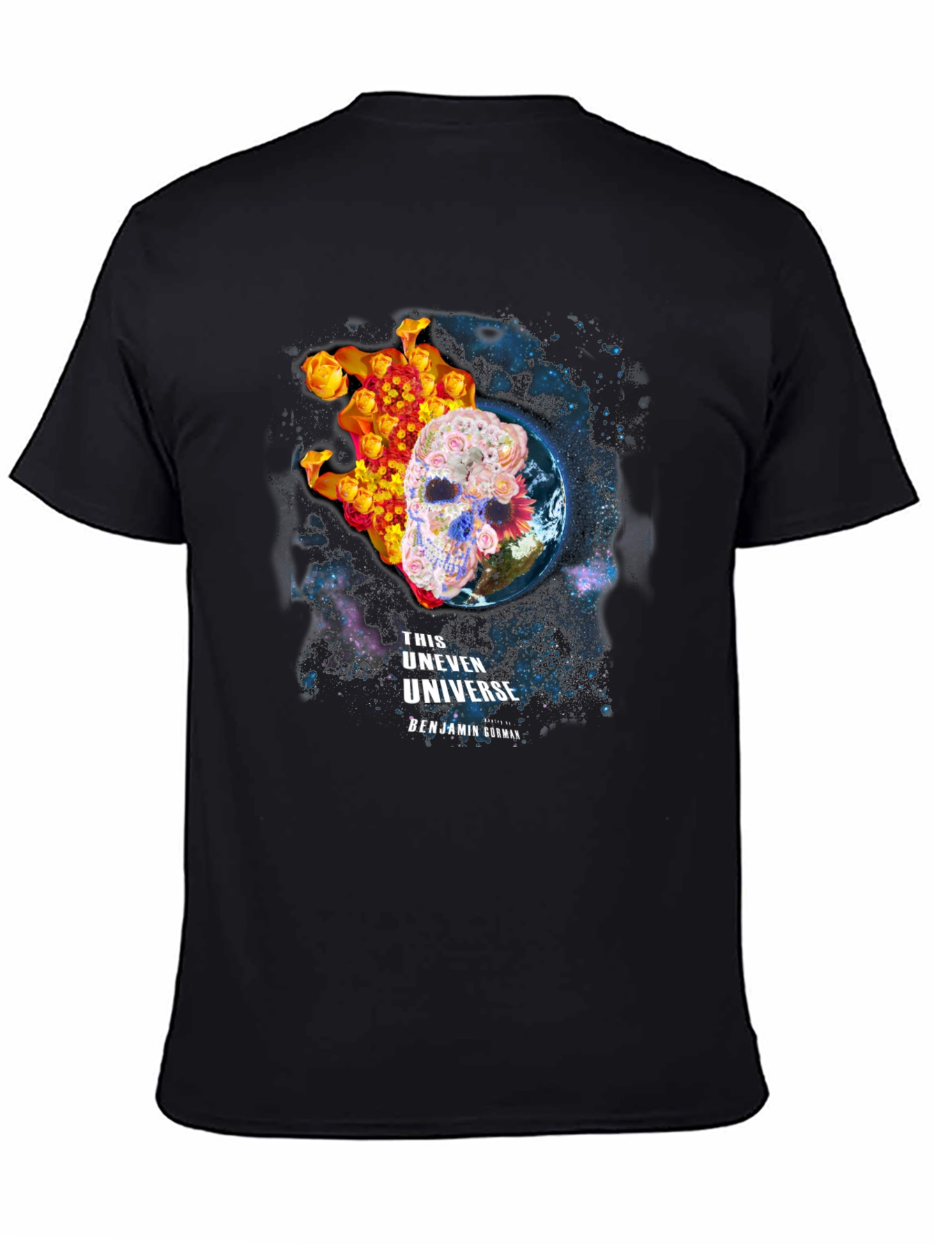 Floral Skull Universe Graphic T-Shirt - Black