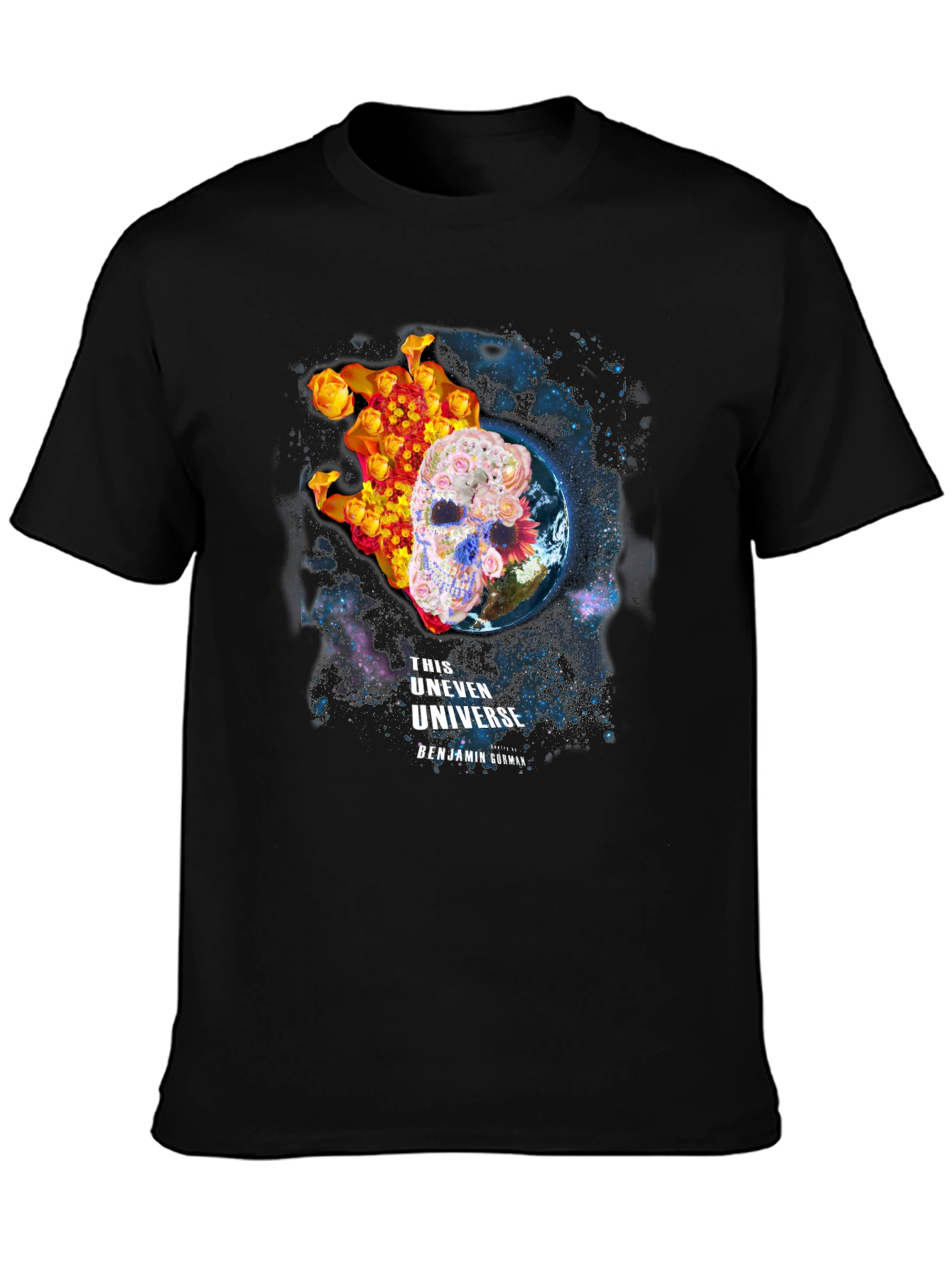 Floral Skull Universe Graphic T-Shirt - Black