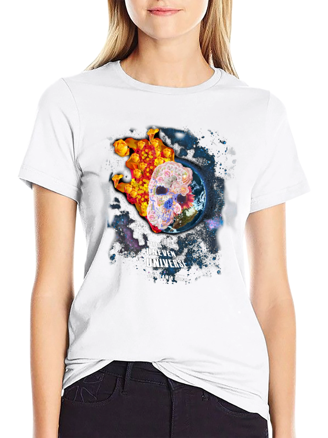 Floral Skull Universe Graphic T-Shirt - Black
