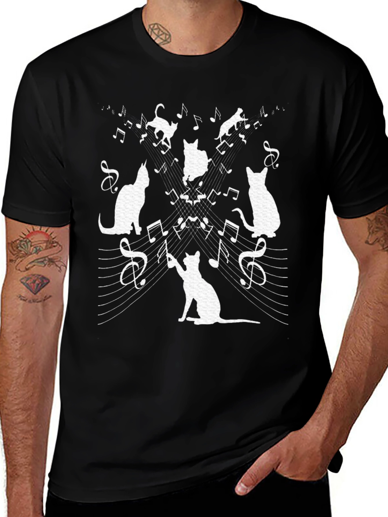 Cat Music T-Shirt - Whimsical Black Tee