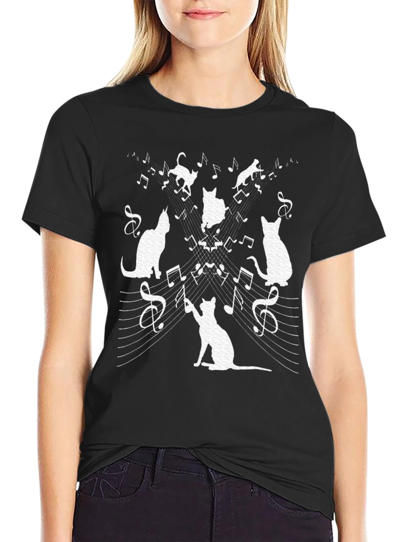 Cat Music T-Shirt - Whimsical Black Tee
