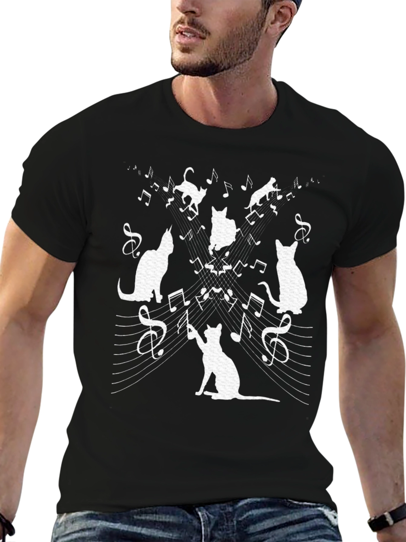 Cat Music T-Shirt - Whimsical Black Tee