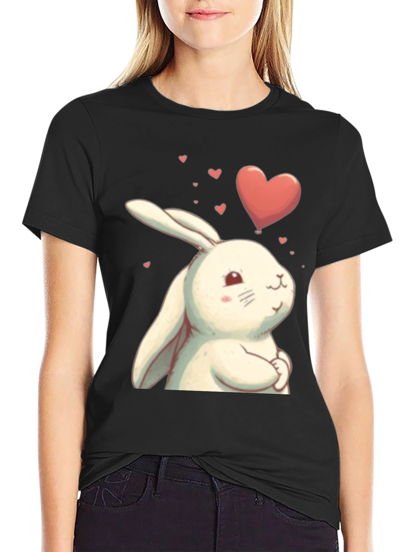 Cute Bunny Heart Graphic Black T-Shirt