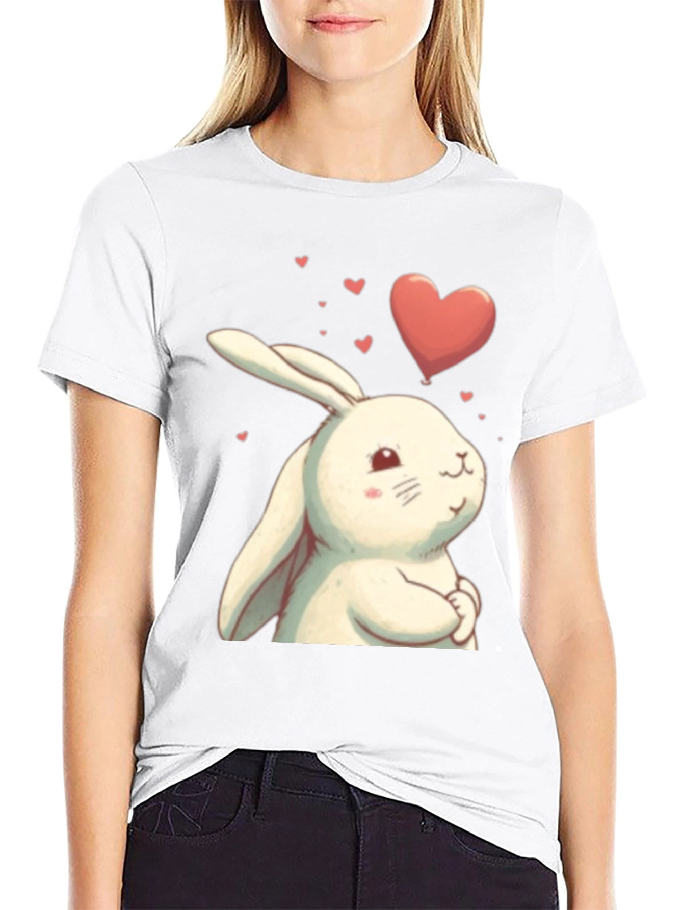 Cute Bunny Heart Graphic Black T-Shirt