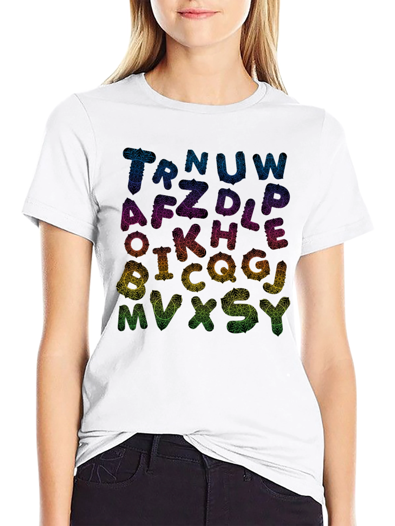 Alphabet Mandala Print Black T-Shirt