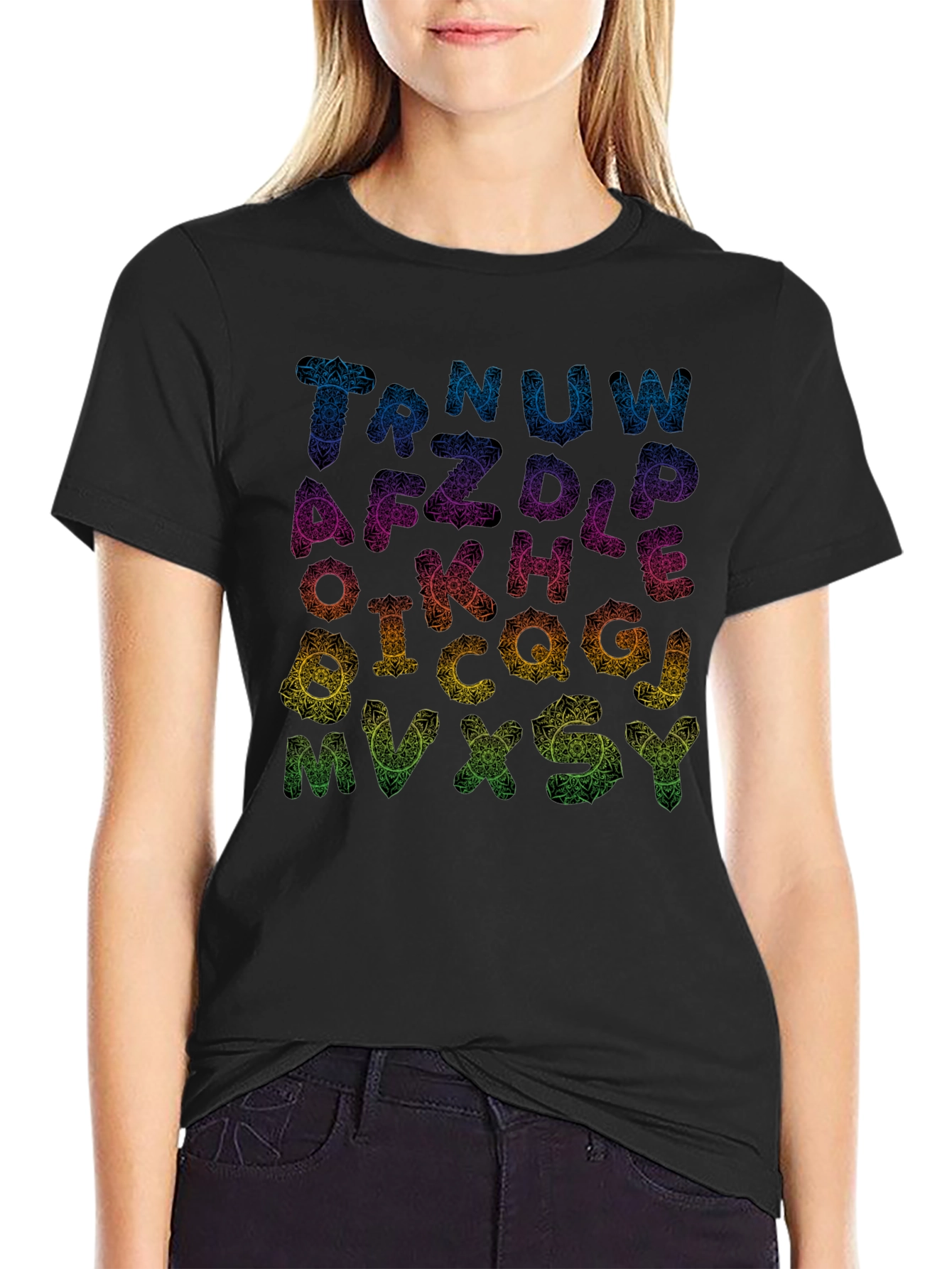 Alphabet Mandala Print Black T-Shirt