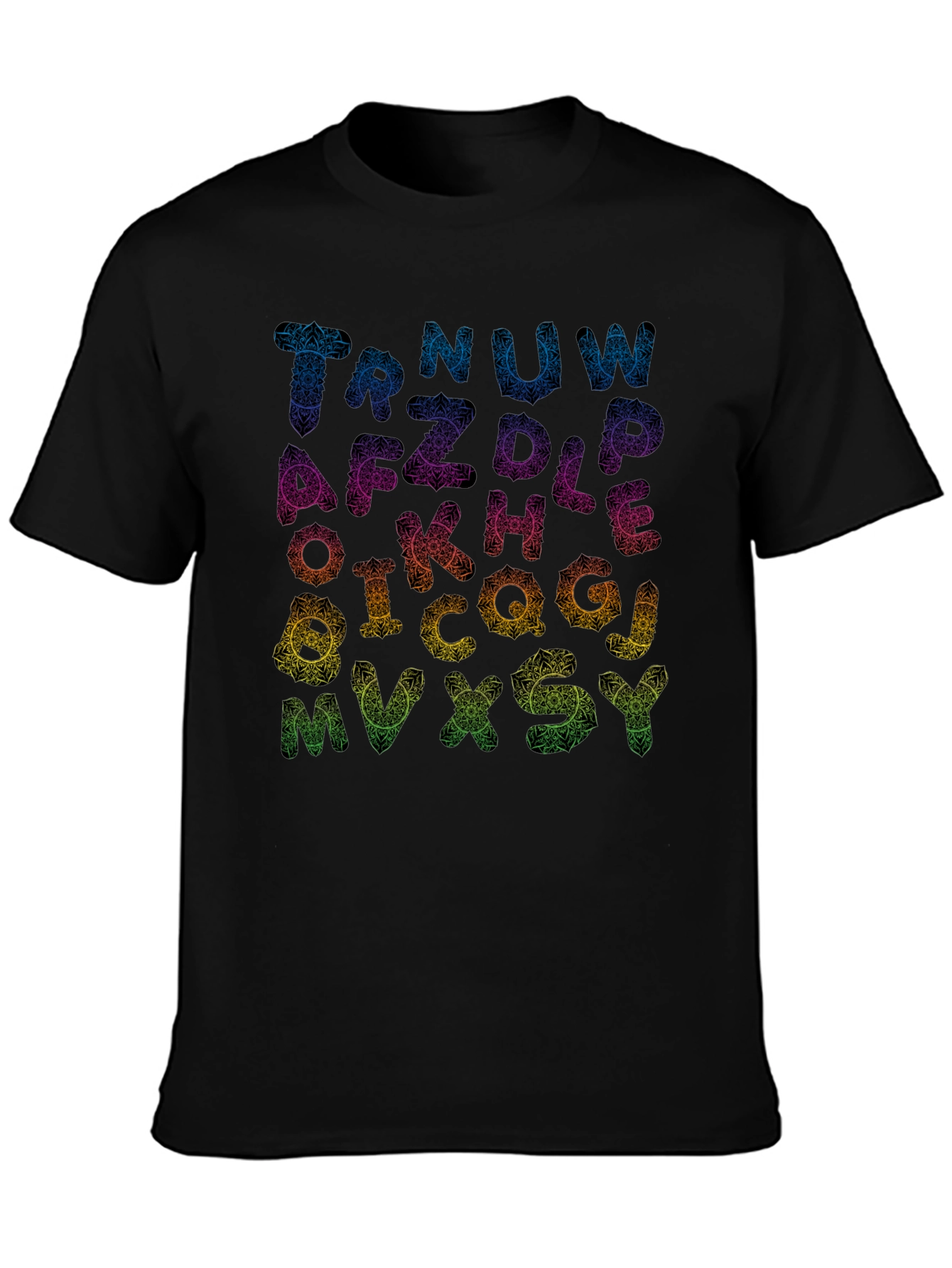 Alphabet Mandala Print Black T-Shirt
