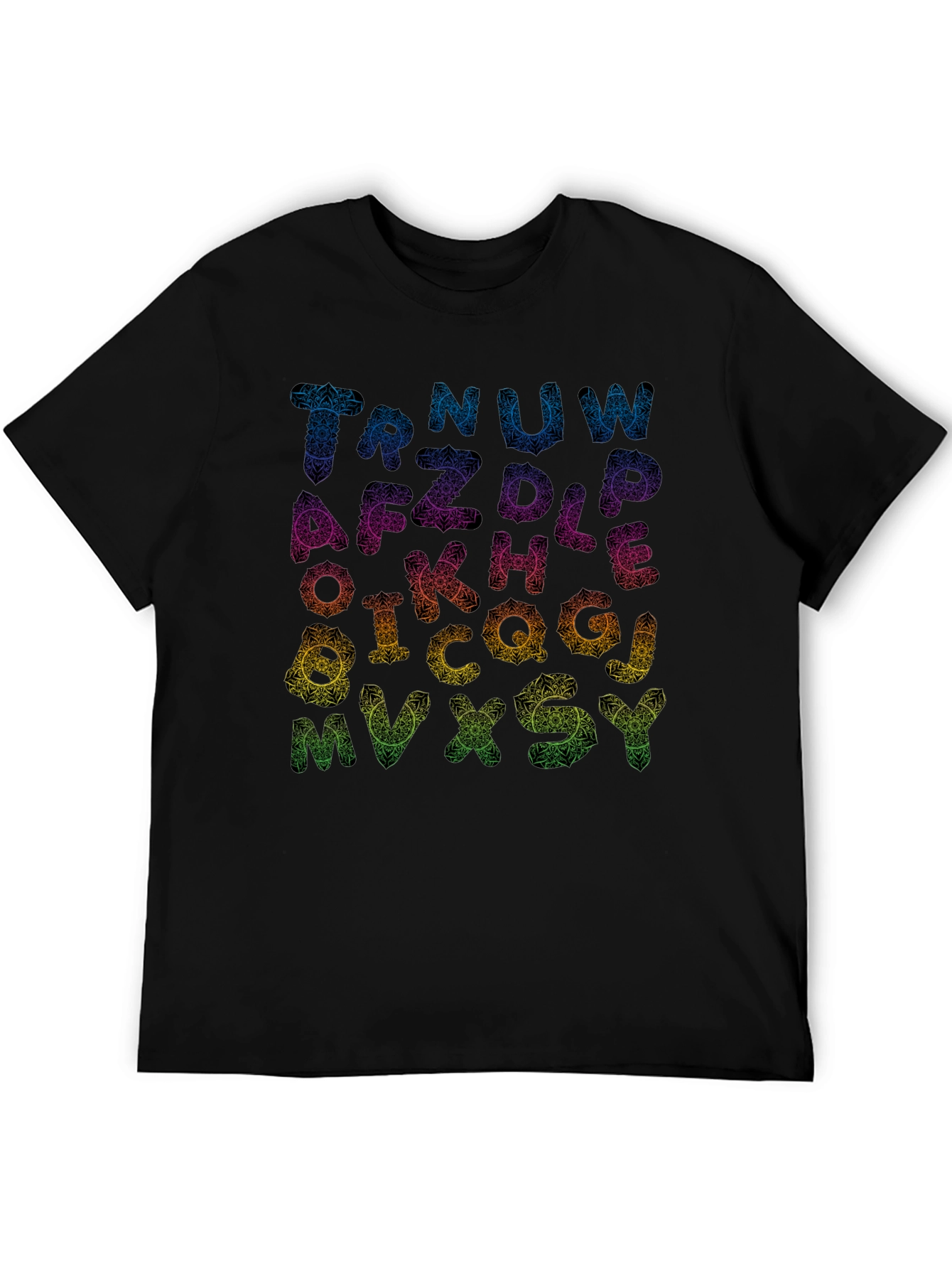 Alphabet Mandala Print Black T-Shirt