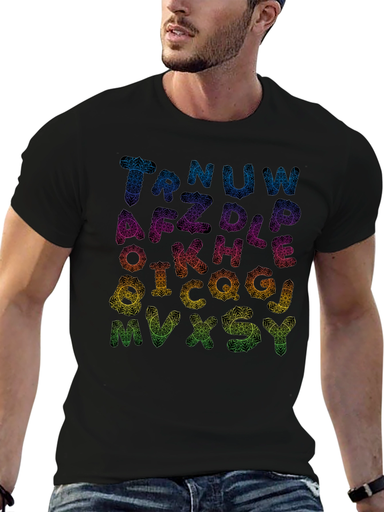 Alphabet Mandala Print Black T-Shirt