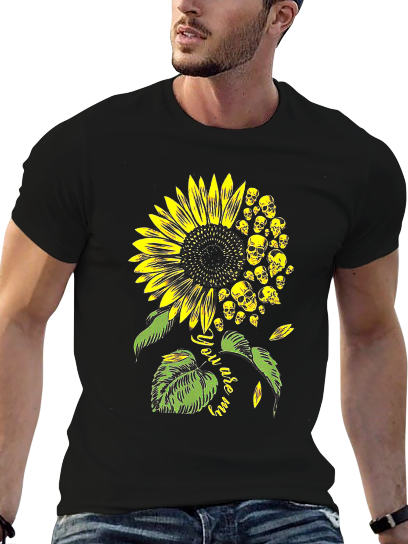 Skull Sunflower Graphic Tee - Black Cotton T-Shirt