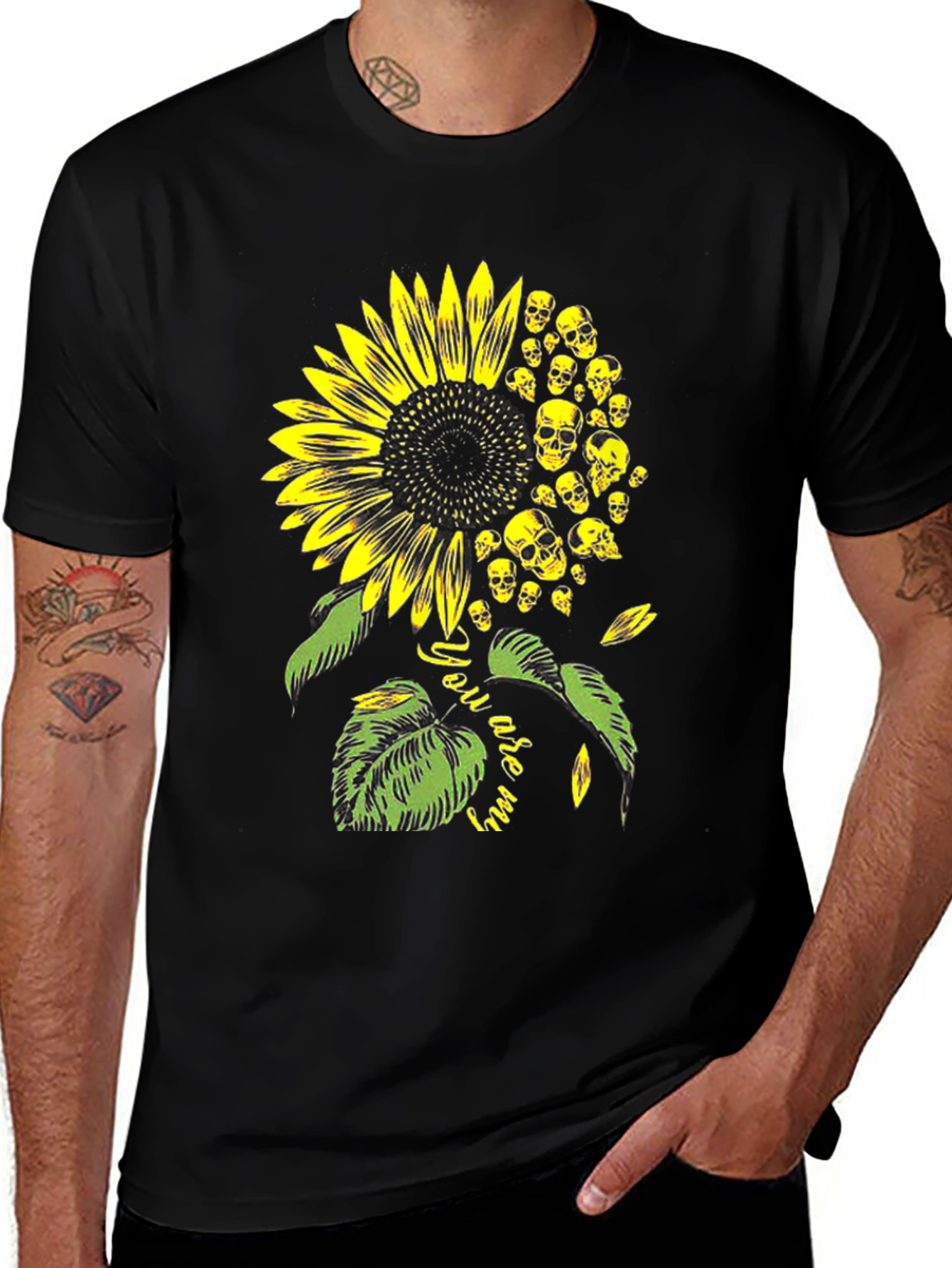 Skull Sunflower Graphic Tee - Black Cotton T-Shirt