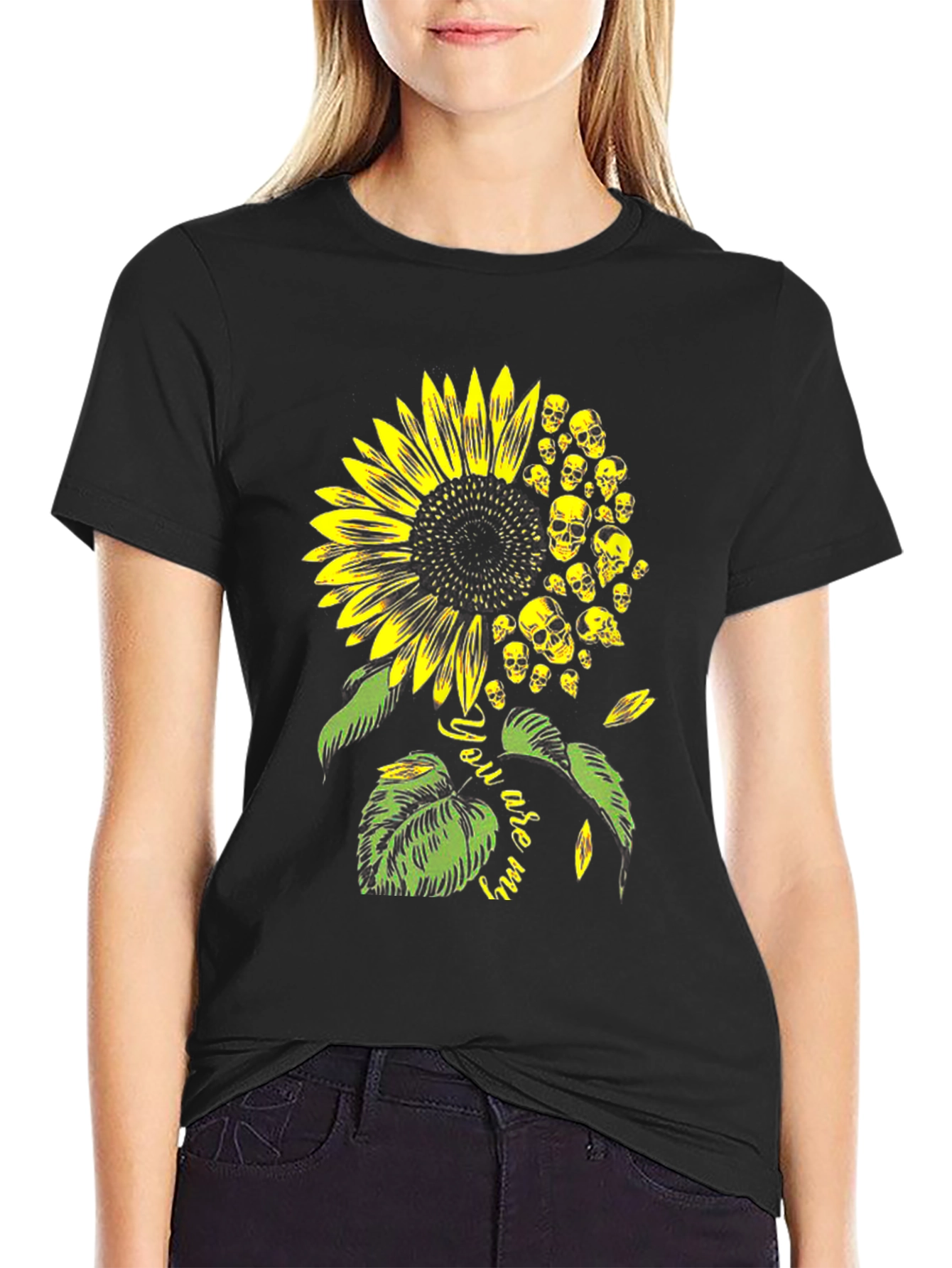 Skull Sunflower Graphic Tee - Black Cotton T-Shirt