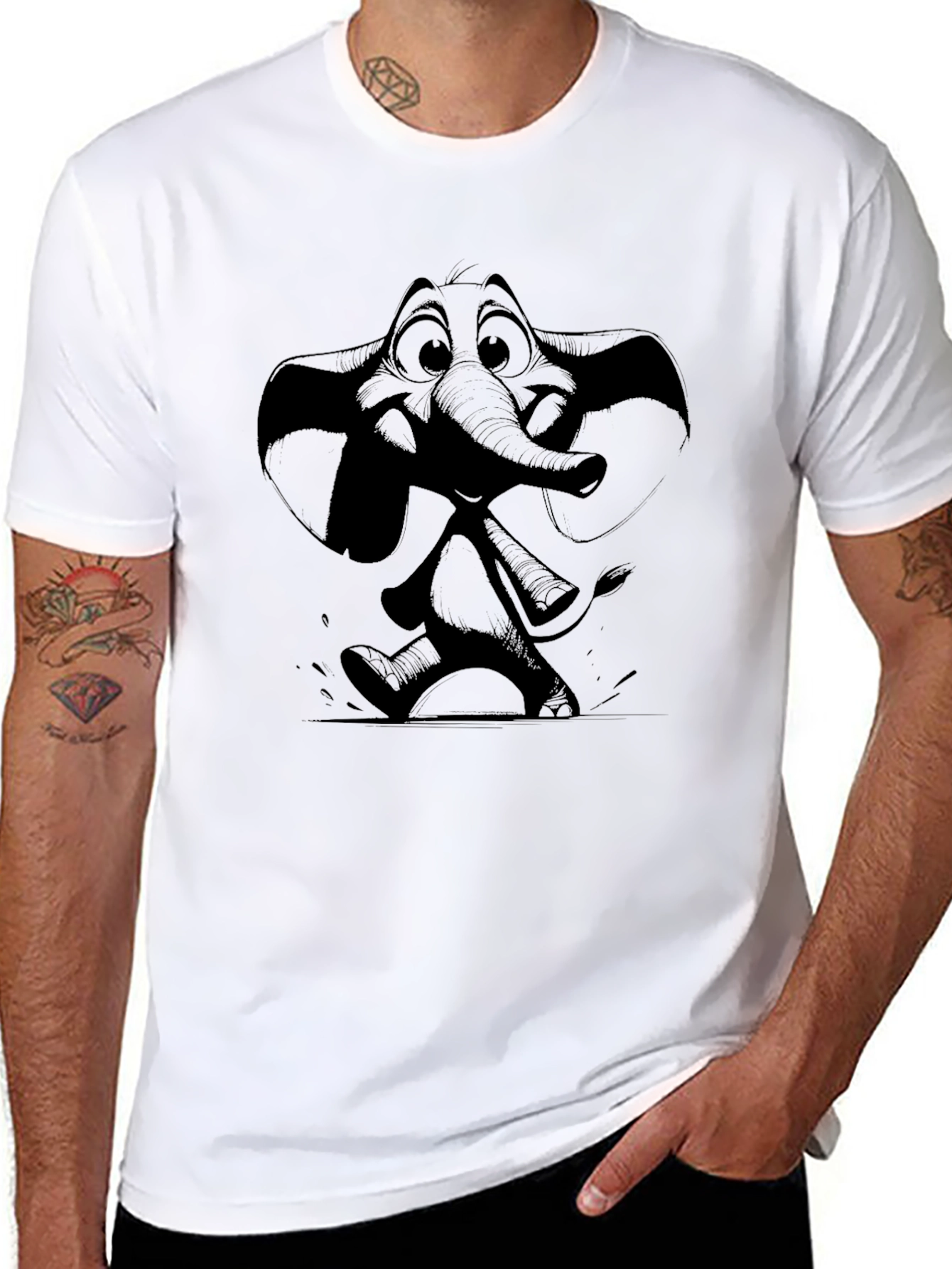 Elephant Cartoon Graphic Black T-Shirt