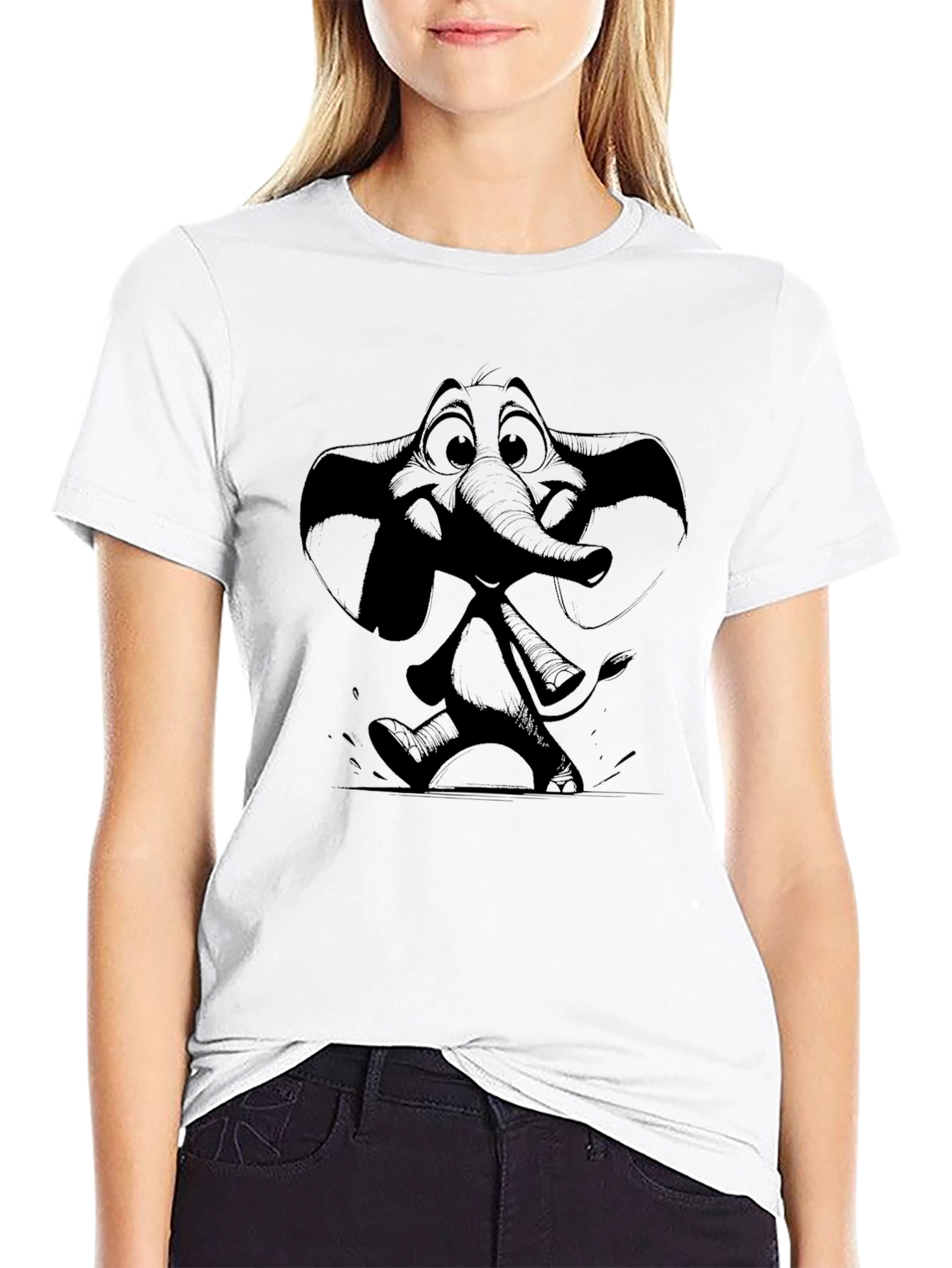 Elephant Cartoon Graphic Black T-Shirt