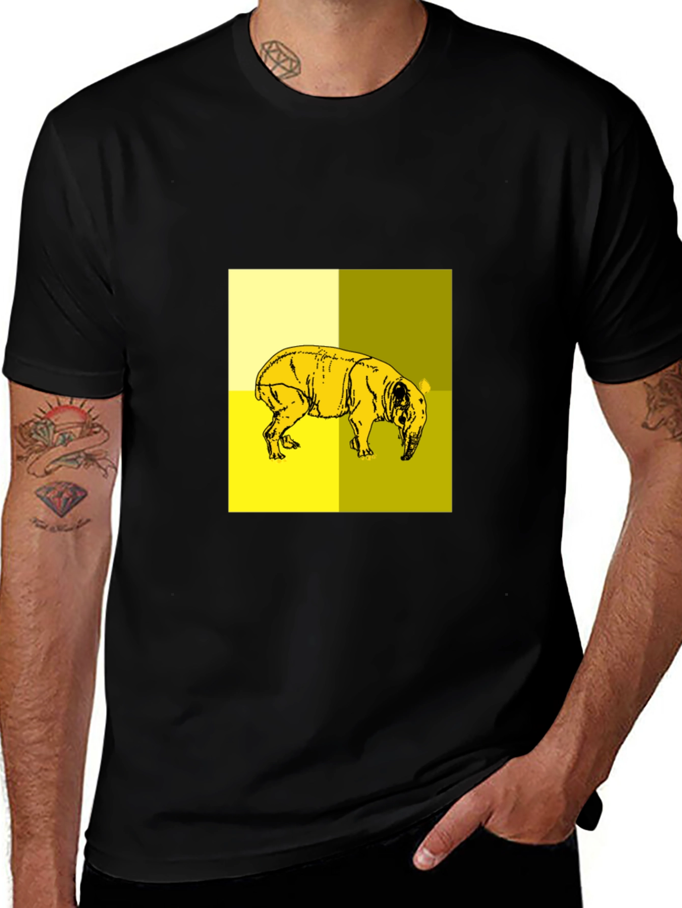 Abstract Yellow Pig Graphic Black T-Shirt