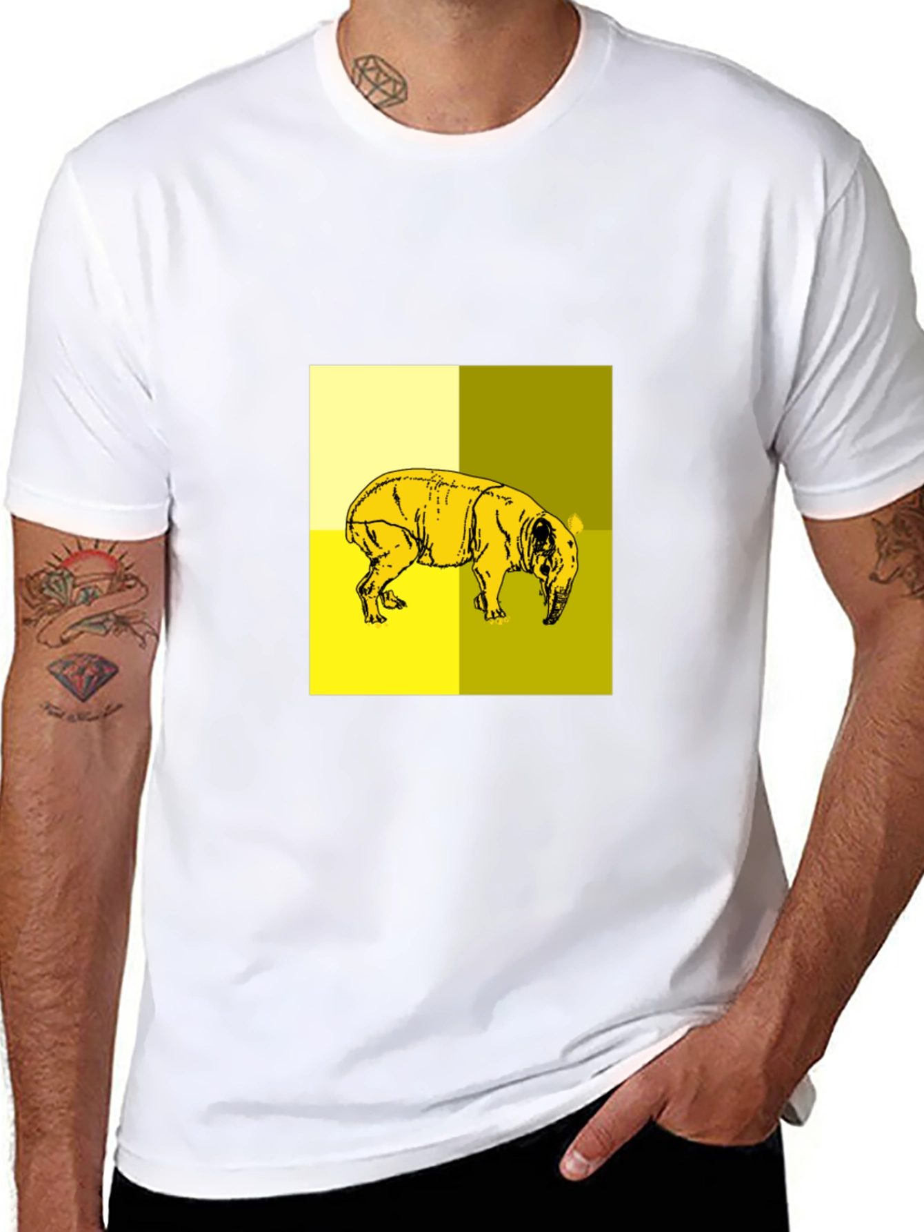 Abstract Yellow Pig Graphic Black T-Shirt
