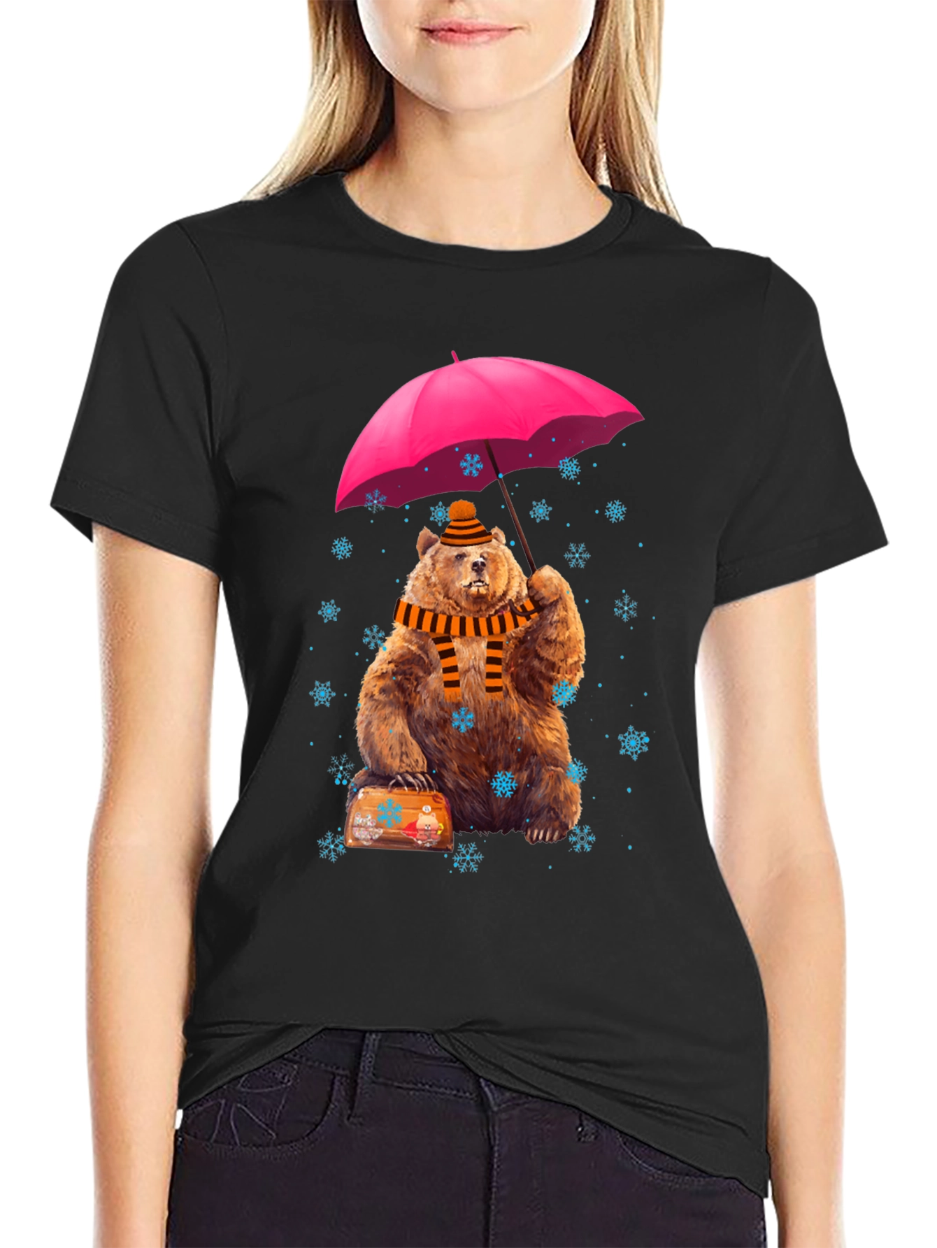 Whimsical Bear Under Umbrella Graphic Tee