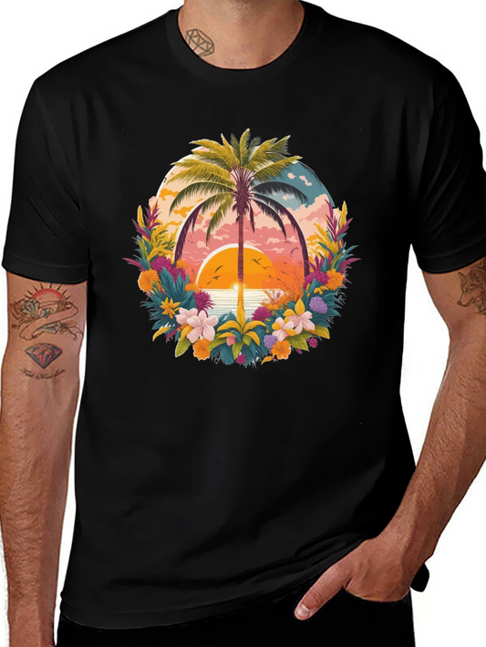 Tropical Sunset Palm Tree Graphic T-Shirt