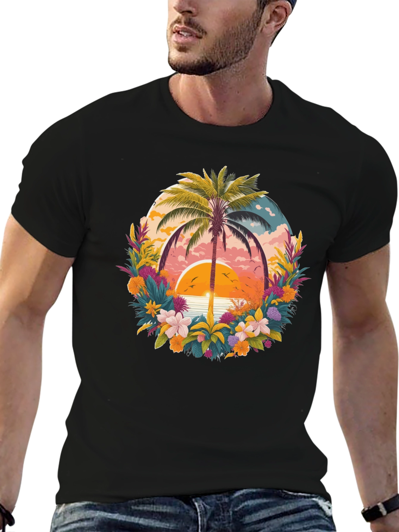 Tropical Sunset Palm Tree Graphic T-Shirt