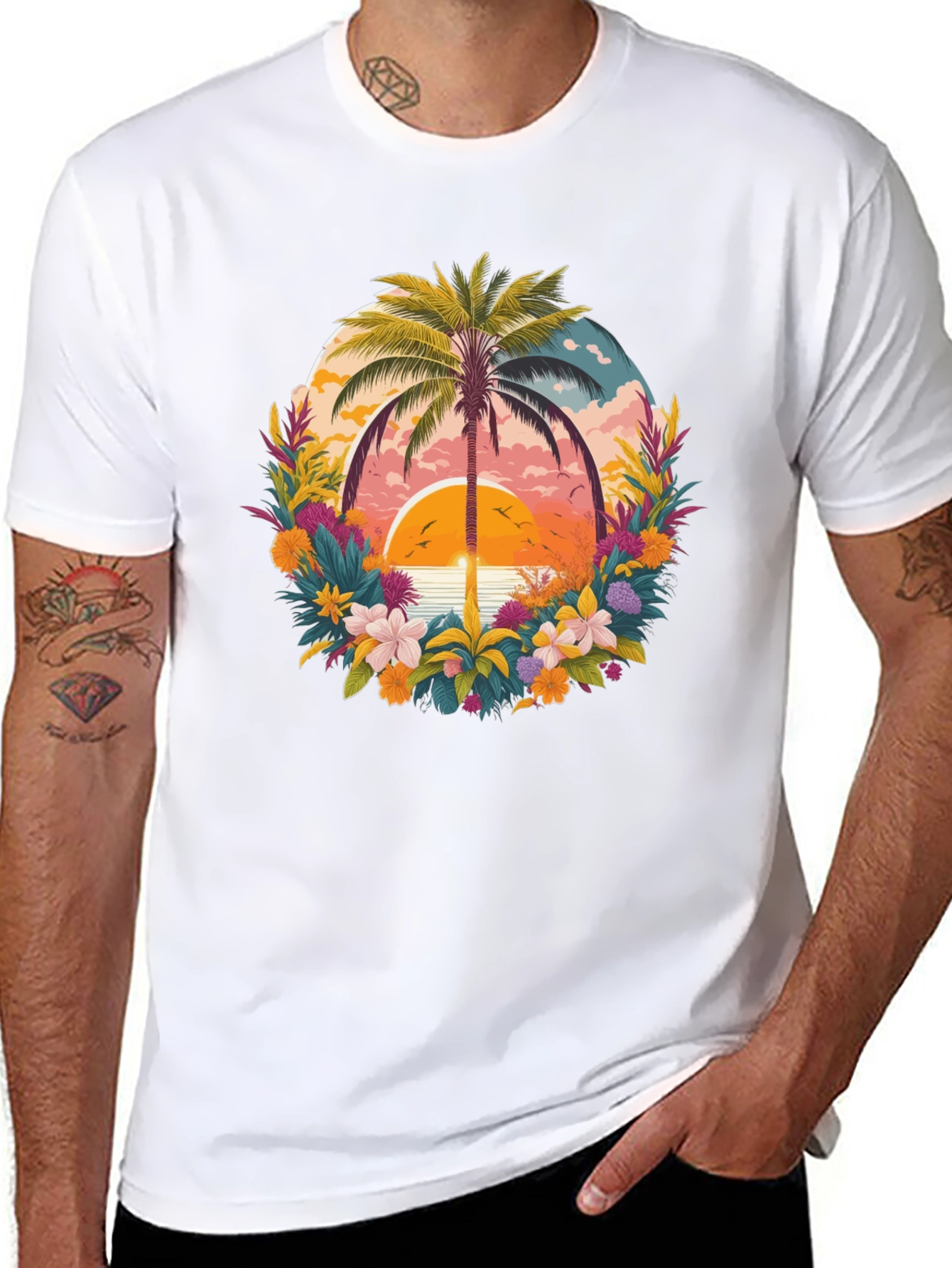 Tropical Sunset Palm Tree Graphic T-Shirt