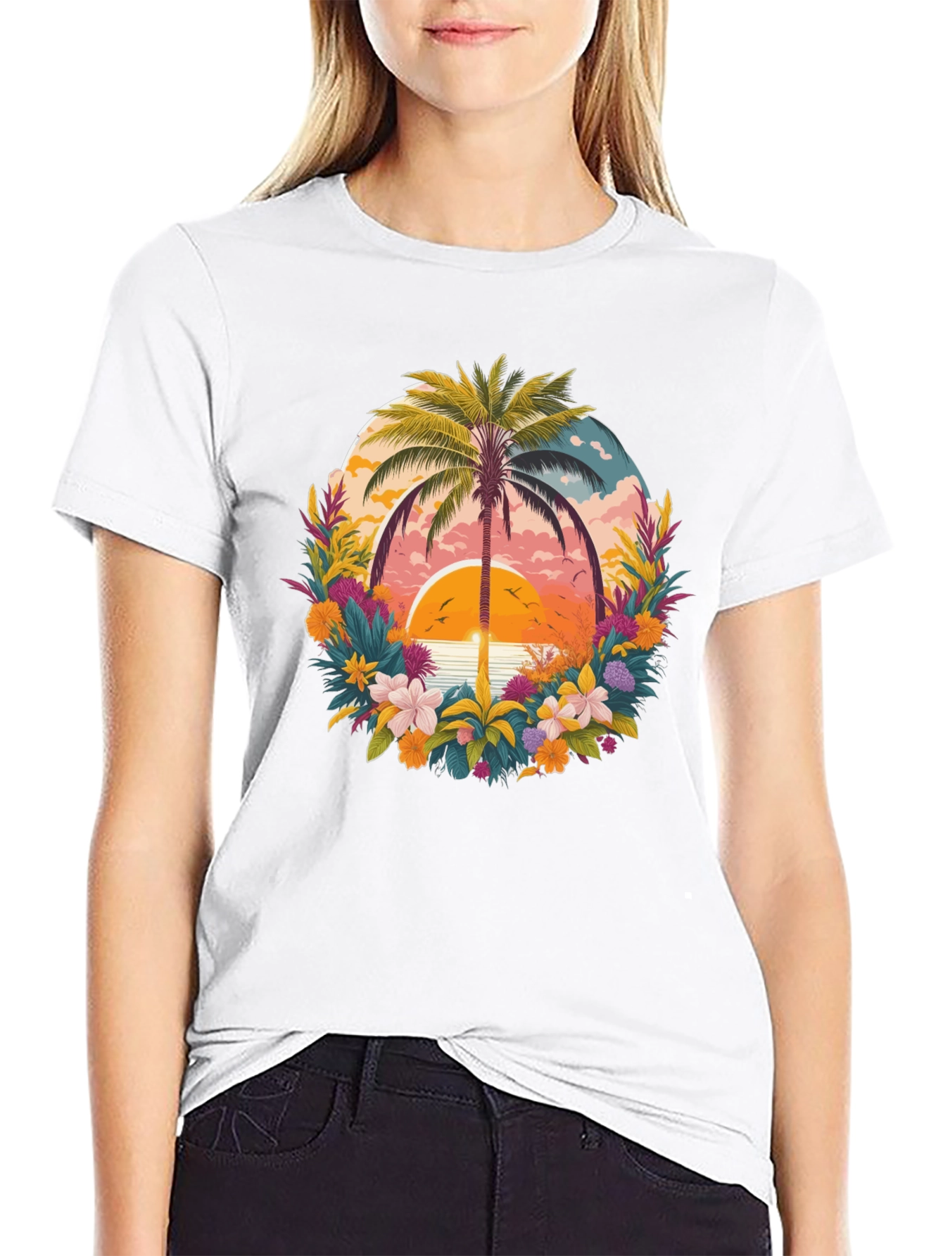 Tropical Sunset Palm Tree Graphic T-Shirt
