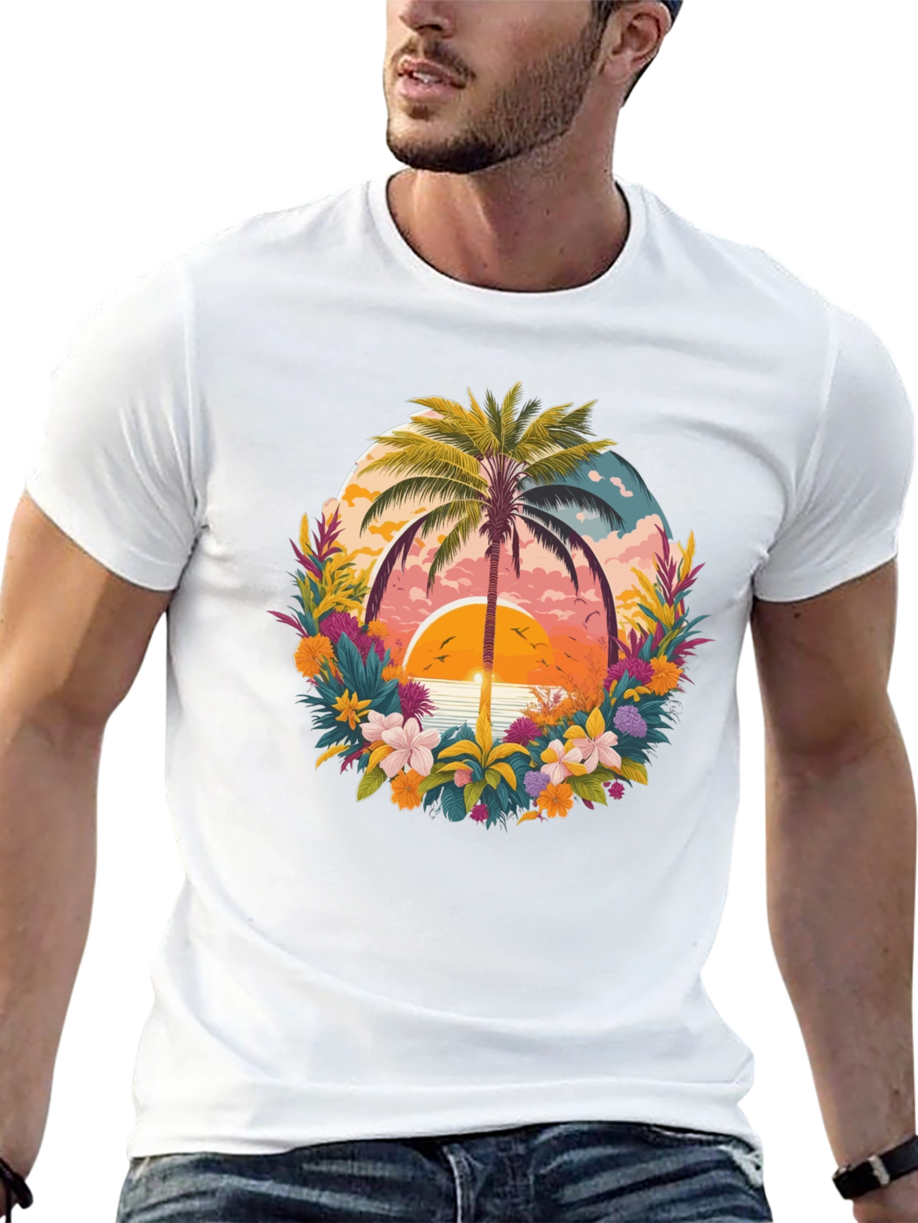 Tropical Sunset Palm Tree Graphic T-Shirt