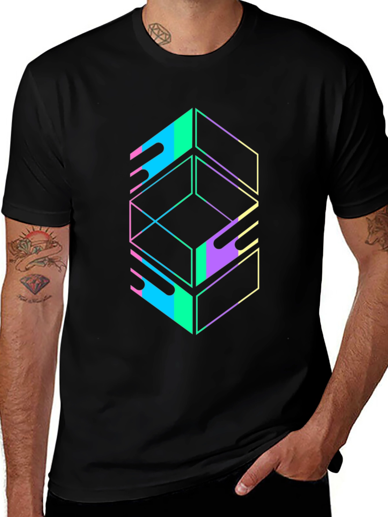 Geometric Graphic Tee - Retro Style Black T-Shirt
