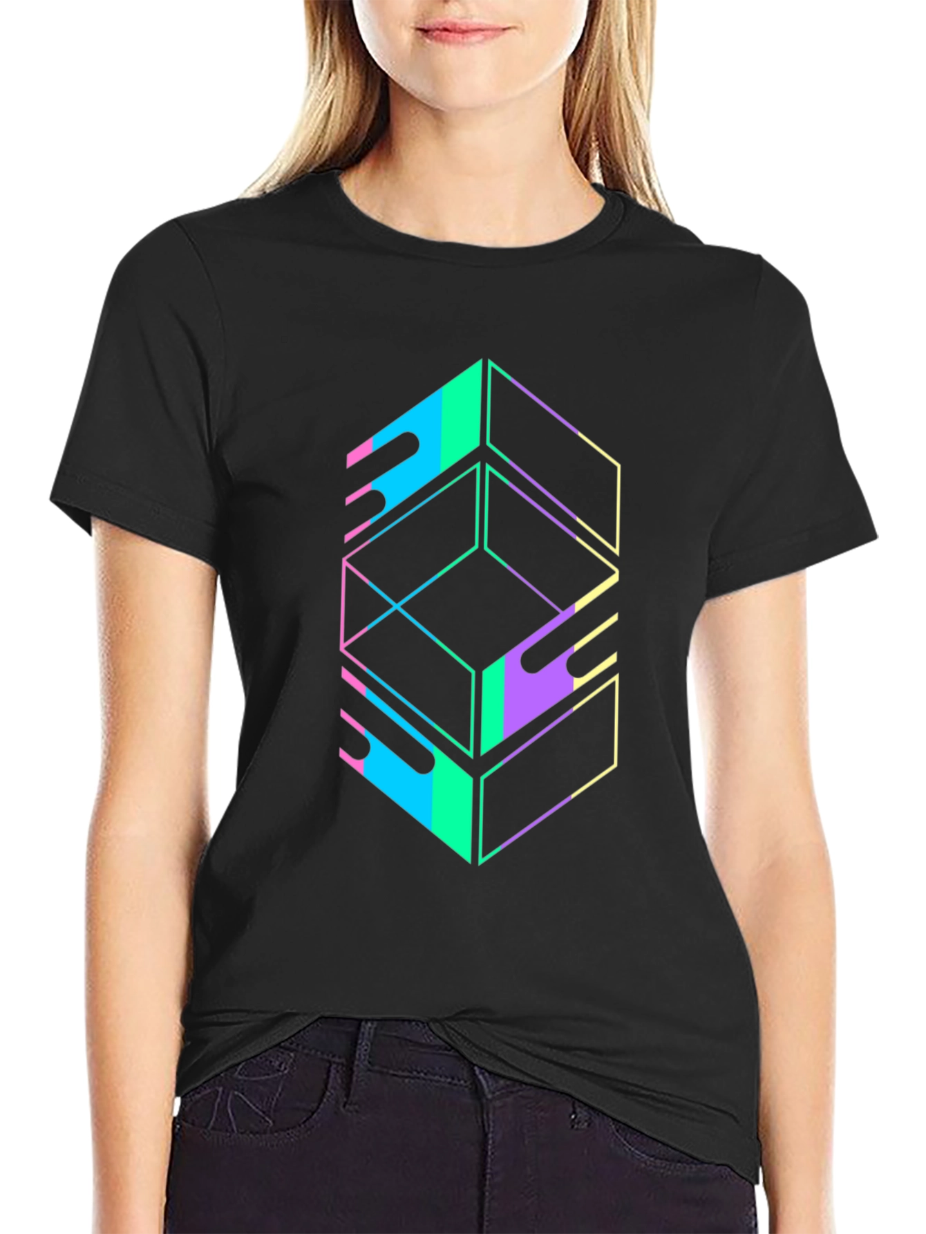 Geometric Graphic Tee - Retro Style Black T-Shirt