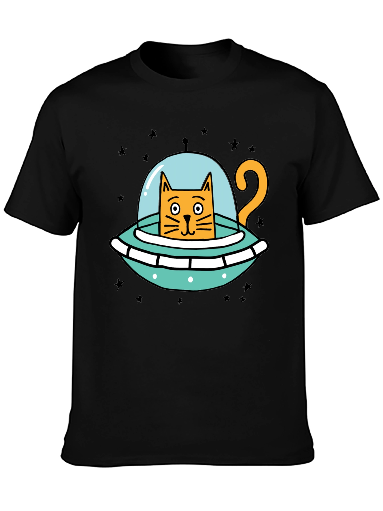 Cosmic Cat UFO Black T-Shirt