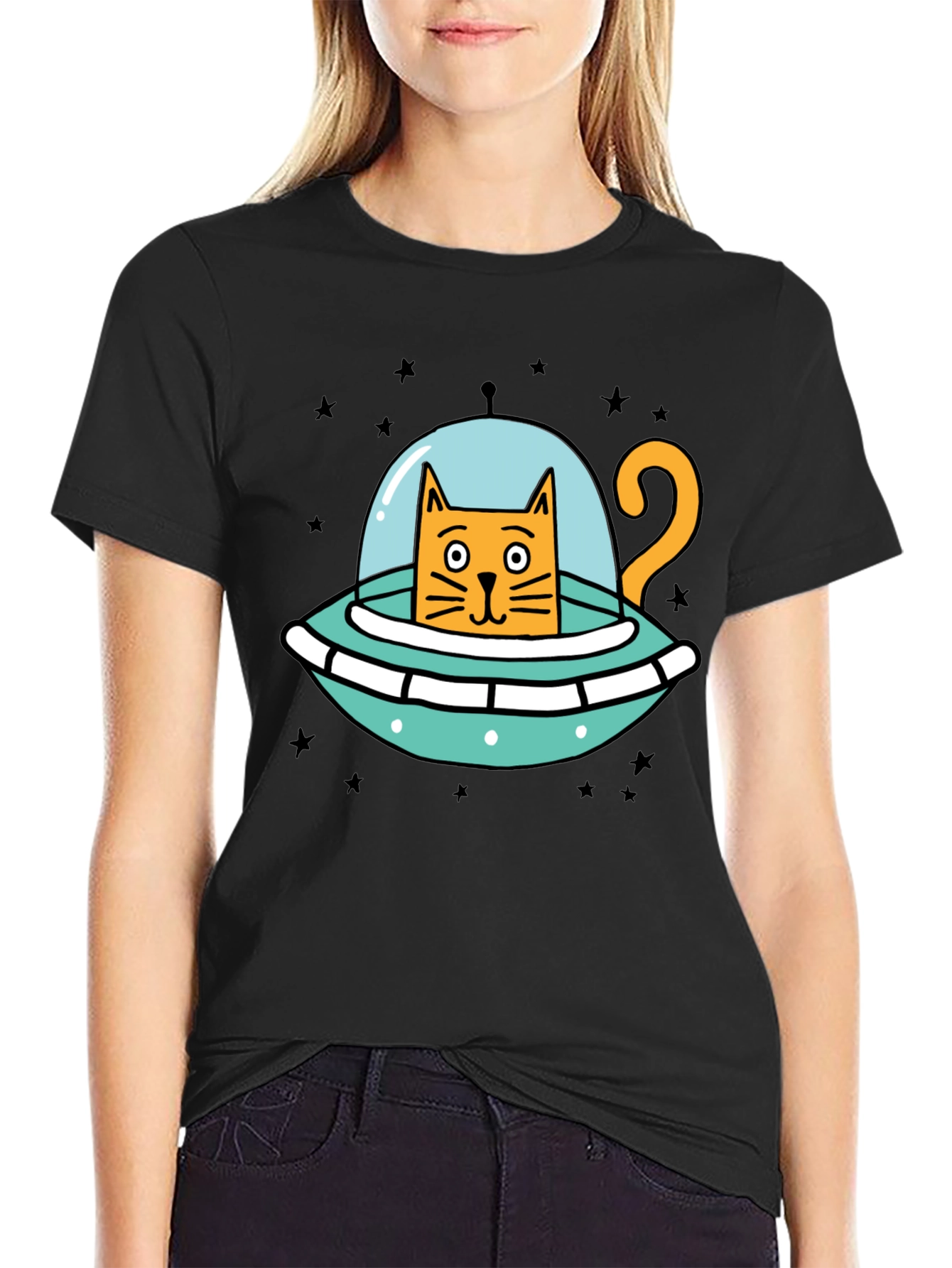 Cosmic Cat UFO Black T-Shirt