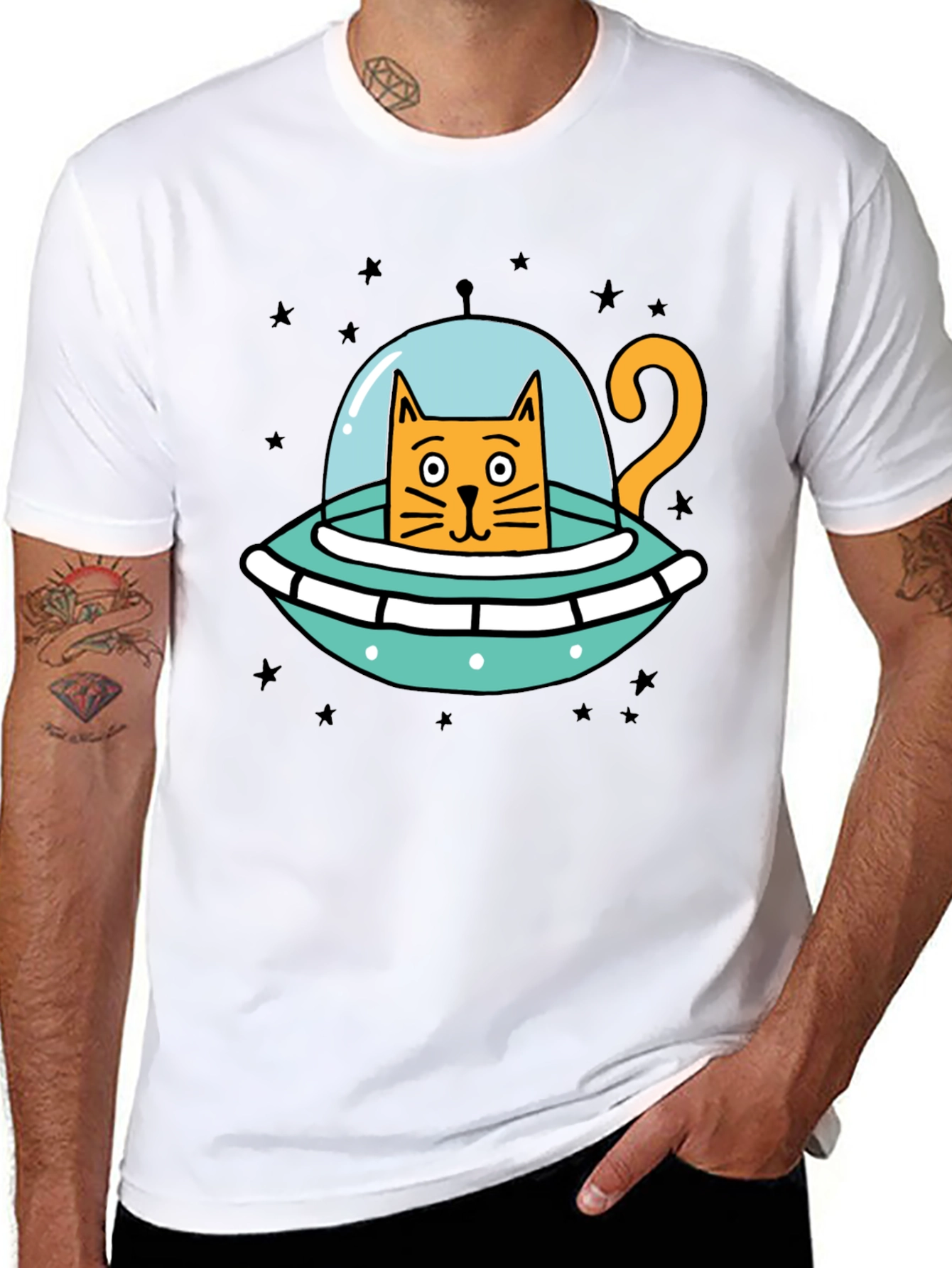 Cosmic Cat UFO Black T-Shirt