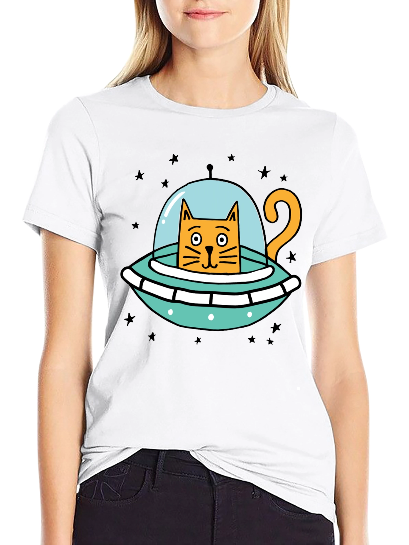 Cosmic Cat UFO Black T-Shirt