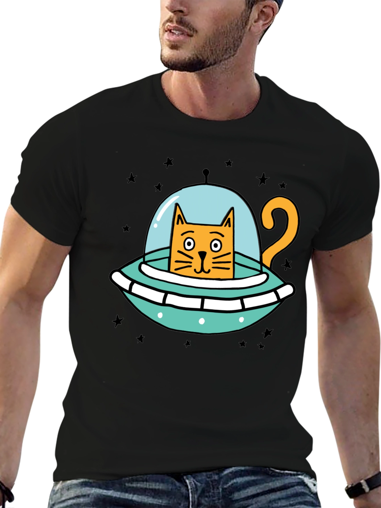 Cosmic Cat UFO Black T-Shirt