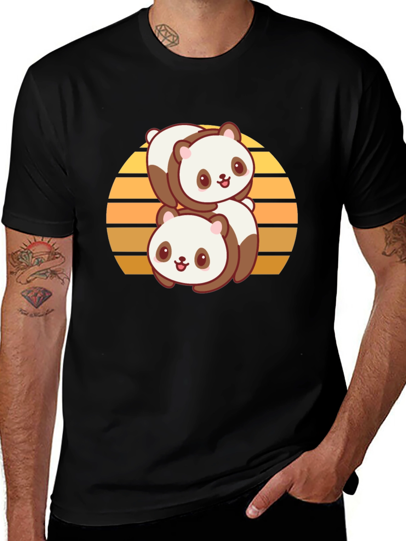 Cute Panda Stack T-Shirt - Black Cotton Blend