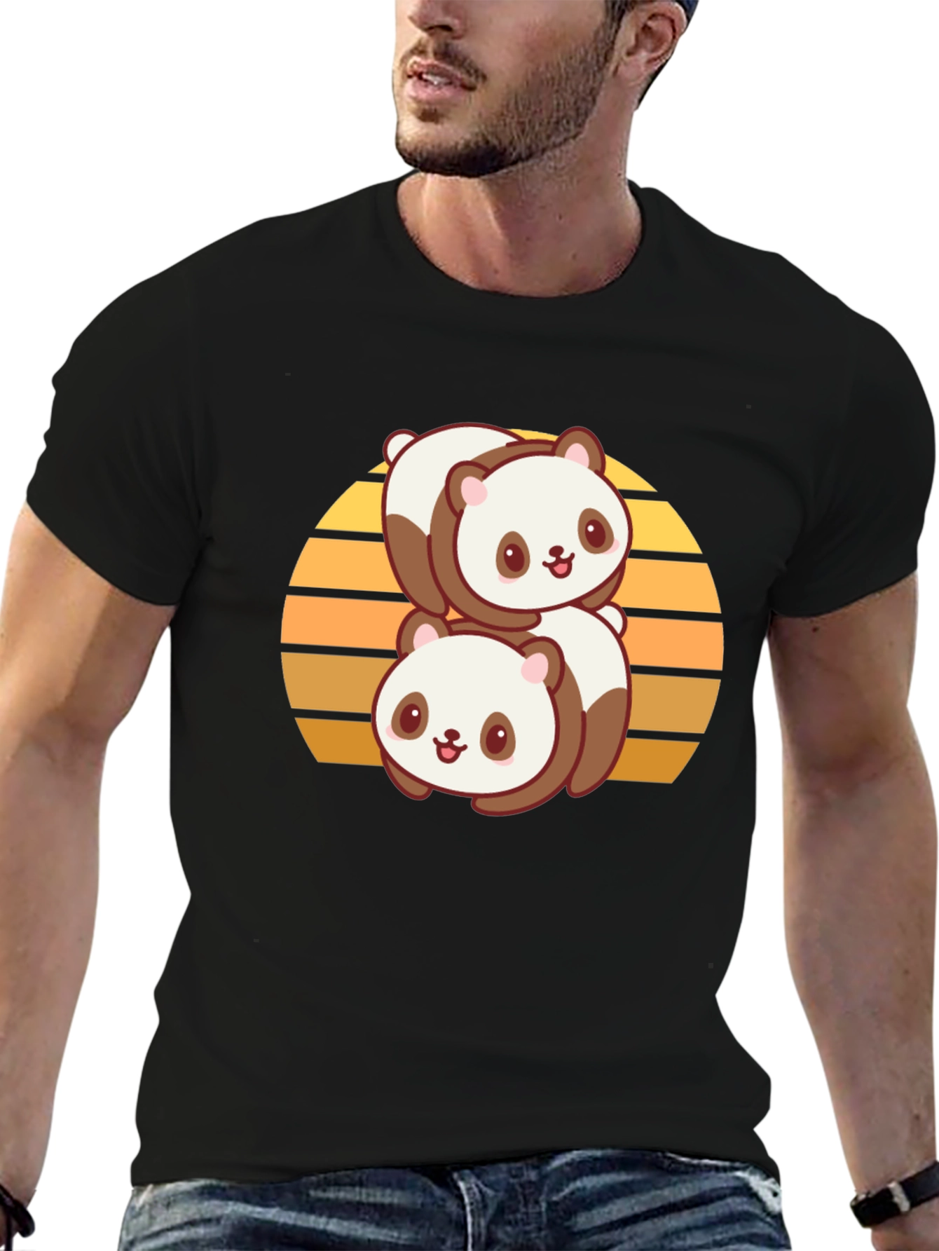 Cute Panda Stack T-Shirt - Black Cotton Blend