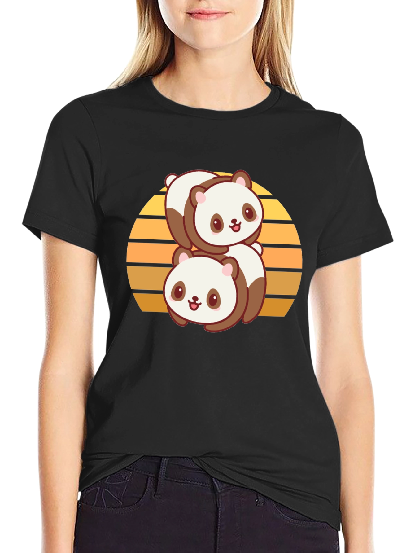 Cute Panda Stack T-Shirt - Black Cotton Blend