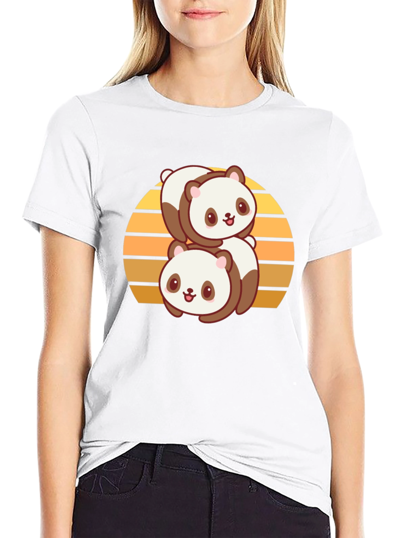 Cute Panda Stack T-Shirt - Black Cotton Blend