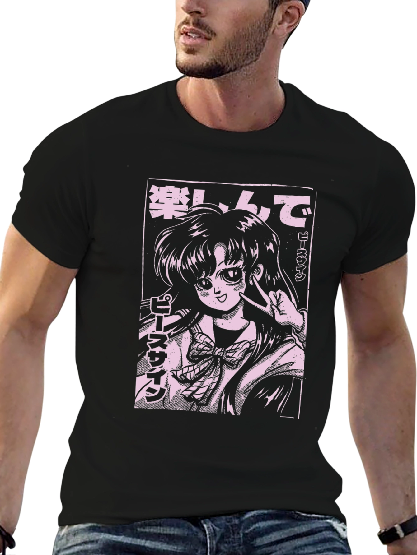Anime Girl Graphic Tee - Black