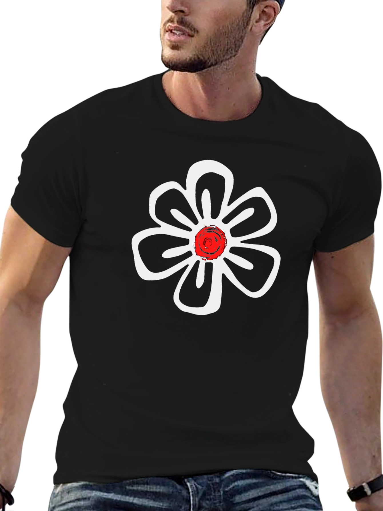 Black T-Shirt with White Flower Design