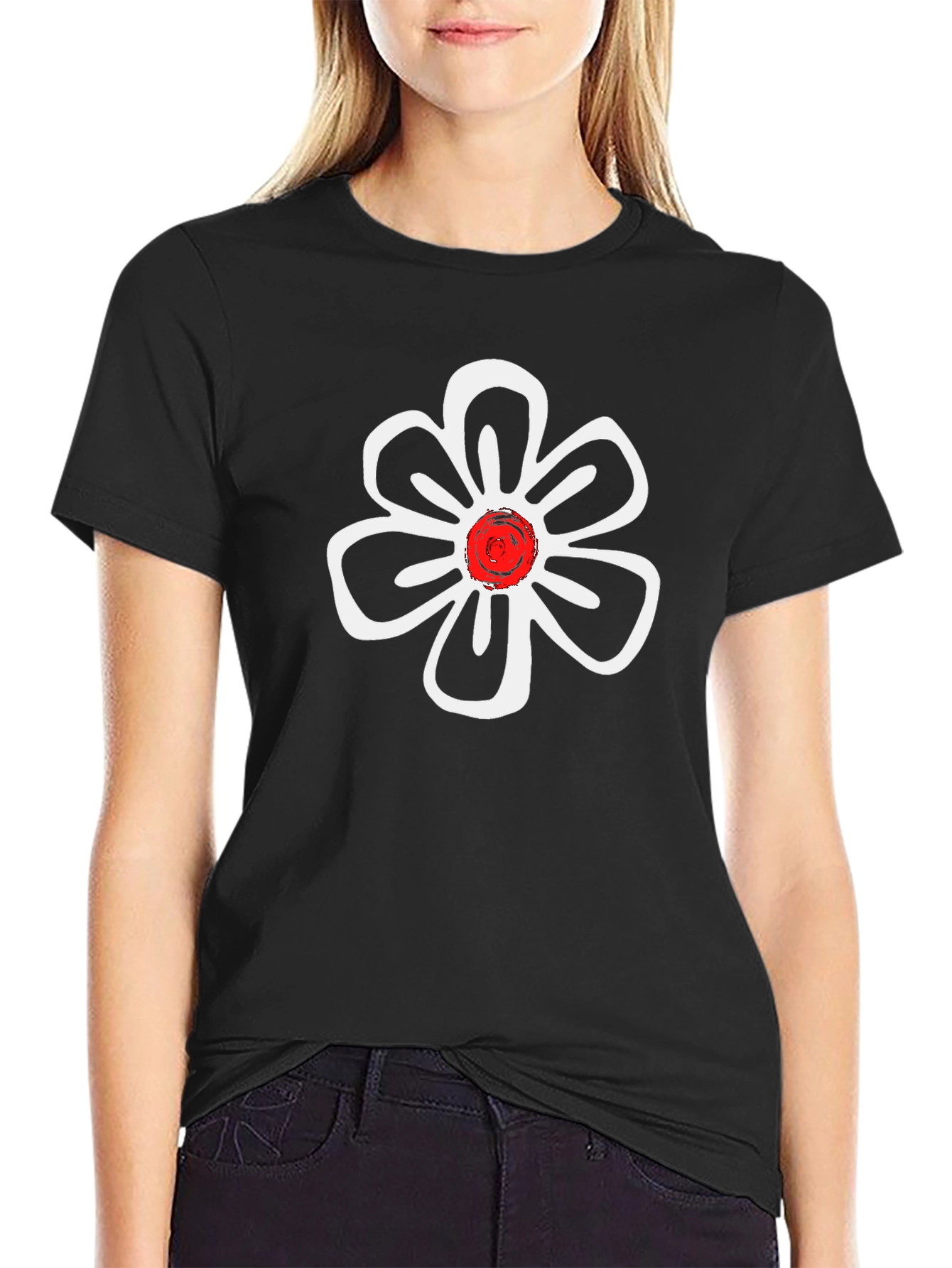 Black T-Shirt with White Flower Design