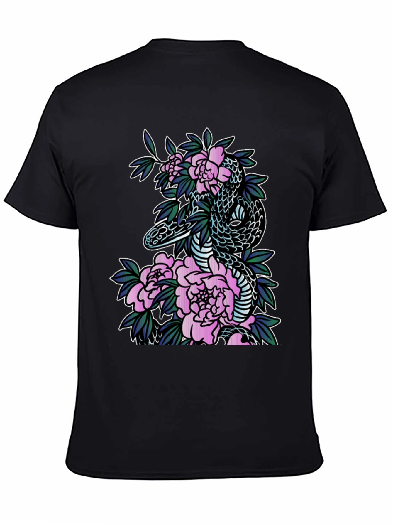Snake & Floral Print Black T-Shirt