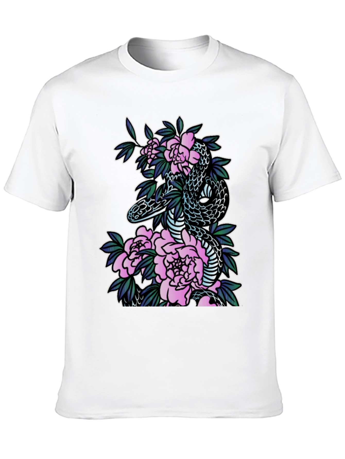 Snake & Floral Print Black T-Shirt